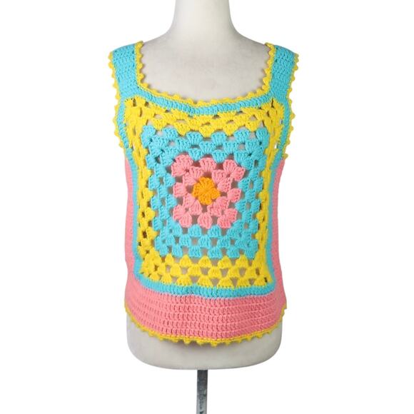 Vintage Sweaters - Vintage 70s Blue Yellow Pink Granny Square Crochet Knit Sweater Vest M